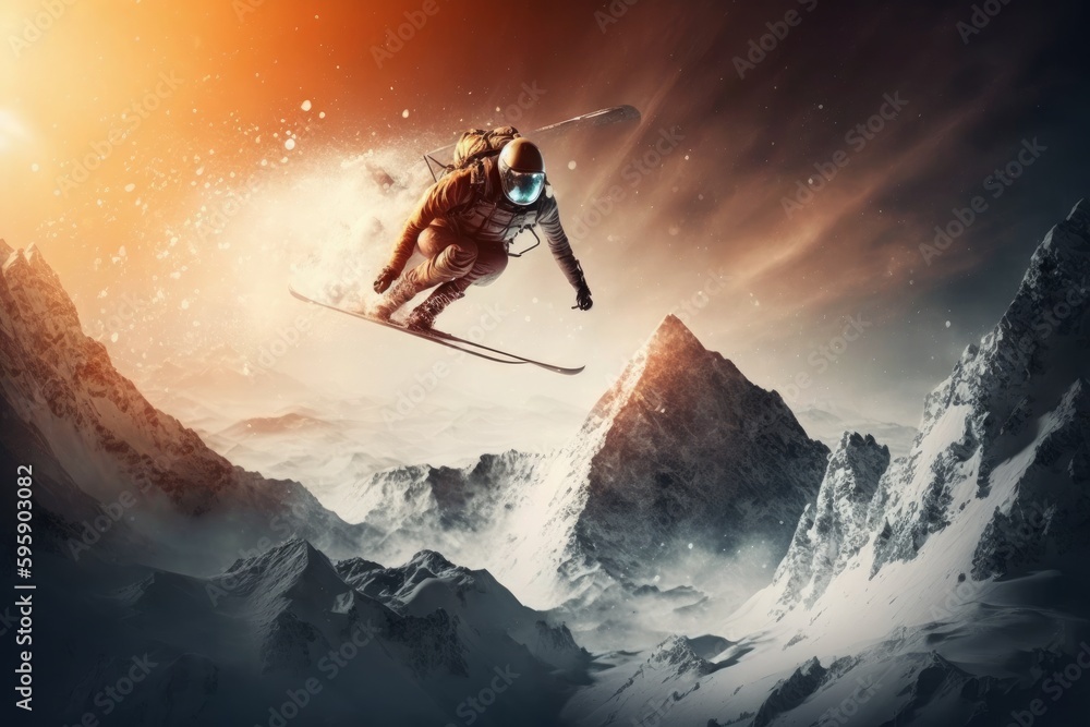 Winter Extreme athlete Sports ski jump on mountain. Generative AI Winter Extreme athlete Sports ski jump on mountain. Generative AI