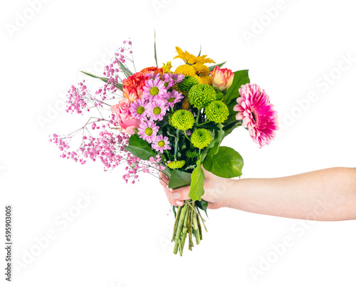 Giving flowers as a gift. Isolated on transparent white background