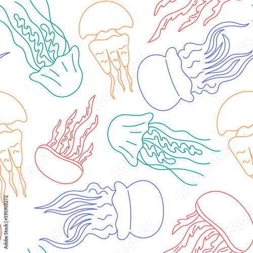 Seamless pattern of the underwater world. Hand drawn colopful contour of swimming jellyfish on a white background. Summer marine background with doodle meduses