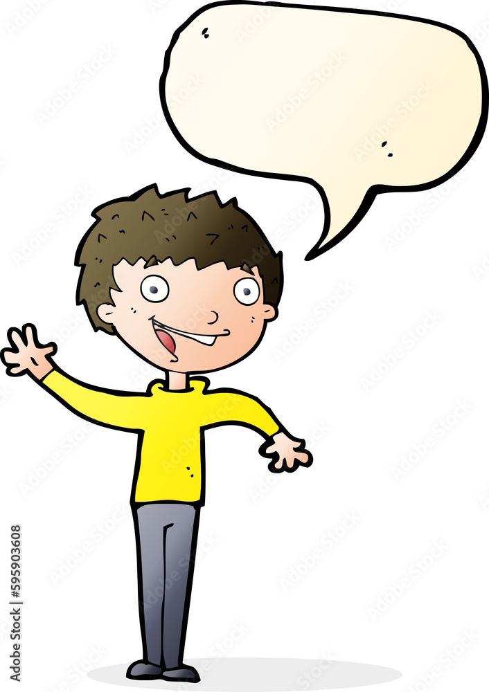 cartoon happy boy waving with speech bubble cartoon happy boy waving with speech bubble