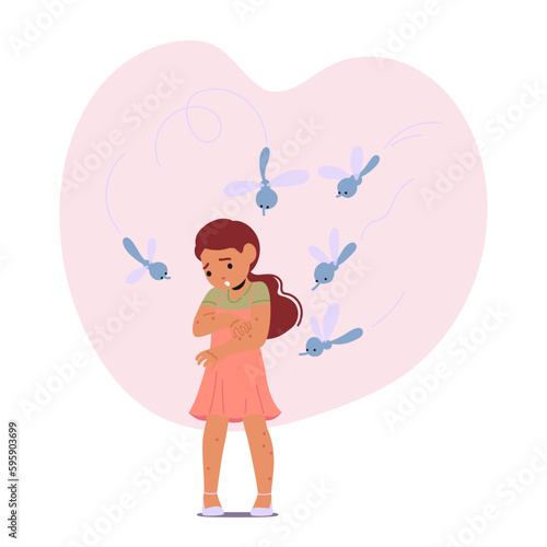 Mosquitoes Bite Child, Causing Itch, Redness, Swelling. Can Transmit Diseases Like Dengue, Malaria, Vector Illustration