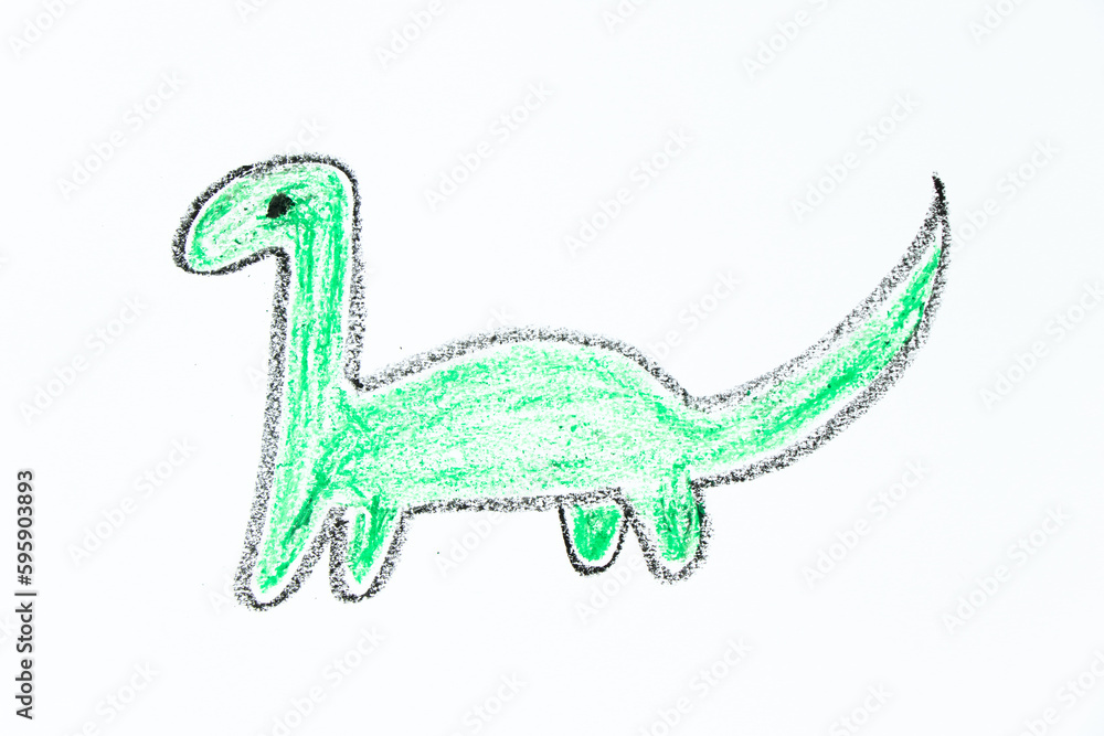 Fototapeta premium Green color oil pastel hand drawing in dinosaur (brachiosaurus) shape on white paper background
