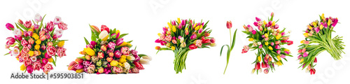 Collection of tulip flower bouquets, set isolated on transparent white background #595903851