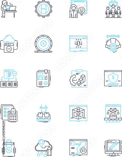 Laptop Computer linear icons set. Portable, Compact, Lightweight, Efficient, Reliable, Productive, Convenient line vector and concept signs. Flexible,Fast,Powerful outline illustrations
