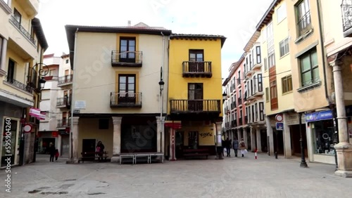 Typical Castilian arcades in Plaza del Trigo, Aranda de Duero. Pan left, gimbal