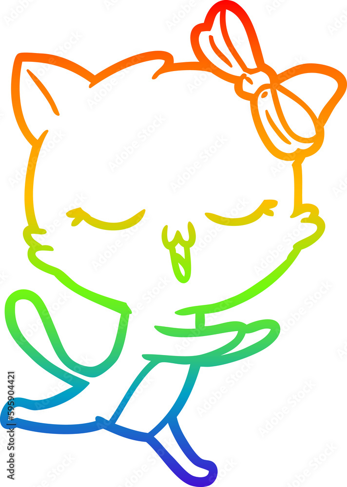 Fototapeta premium rainbow gradient line drawing of a cartoon cat with bow on head