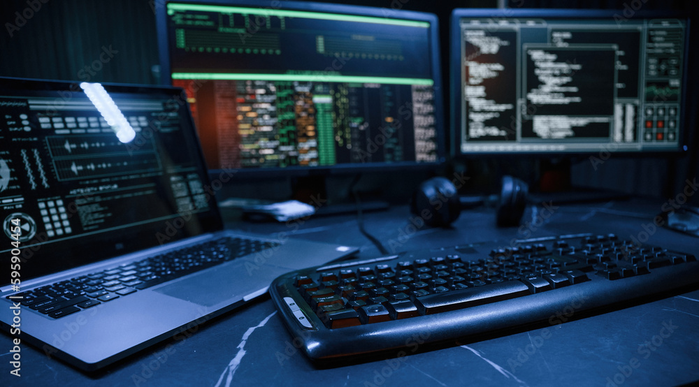 Keyboard and screens. Cyber criminal haker dark room for massive attack of corporate big data servers Keyboard and screens. Cyber criminal haker dark room for massive attack of corporate big data servers