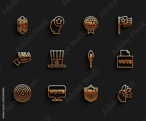 Set line American star shield, Vote, Hotdog sandwich, Shield with stars, Native Indian, Patriotic top hat, box and feather icon. Vector