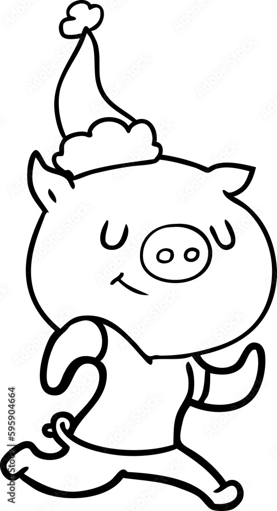 happy hand drawn line drawing of a pig running wearing santa hat happy hand drawn line drawing of a pig running wearing santa hat