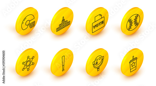 Set line Paper glass with straw, Tourist binoculars, Baseball bat, Hexagram sheriff, Vote box, City landscape and American football helmet icon. Vector