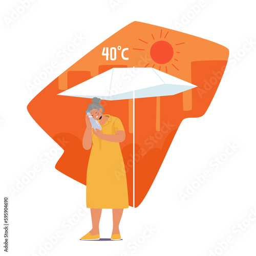 Senior Woman Character Experiencing Heat Discomfort, Feeling Warm And Sweaty, Cooling Herself with Water Bottle