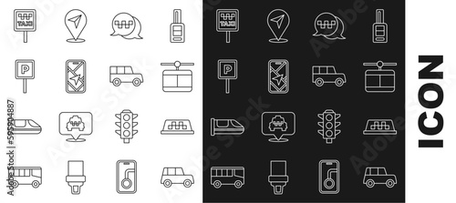 Set line Car, Taxi car roof, Cable, call telephone service, City map navigation, Parking, Road sign for taxi stand and icon. Vector