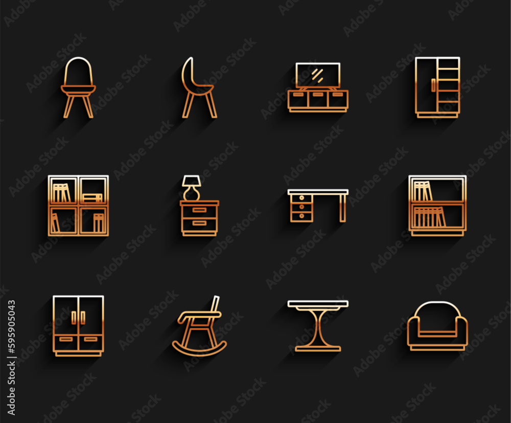 Set line Wardrobe, Armchair, Chair, Round table, Furniture nightstand with lamp, Library bookshelf and Office desk icon. Vector Set line Wardrobe, Armchair, Chair, Round table, Furniture nightstand with lamp, Library bookshelf and Office desk icon. Vector