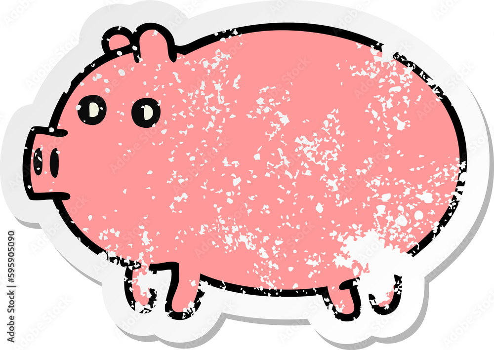 distressed sticker of a cute cartoon fat pig distressed sticker of a cute cartoon fat pig