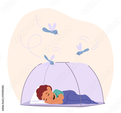 Little Boy Character Sleeps Under Net, Shielded From Mosquitoes. Comforted By Safety, Drifting To Dreamland In Slumber