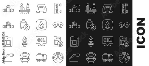 Set line Motor gas gauge, Canister for motor oil, Spare wheel in the car, Propane tank, Metallic pipes and valve, and Fire flame icon. Vector