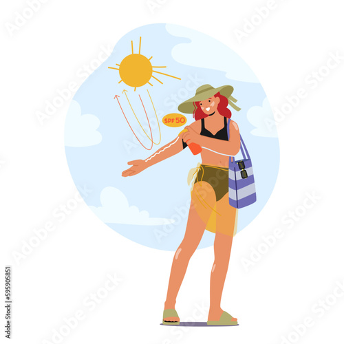 Woman Character Applies Sunscreen On the Beach, Using Hand To Rub Lotion Onto Skin, Protecting From Harmful Uv Rays