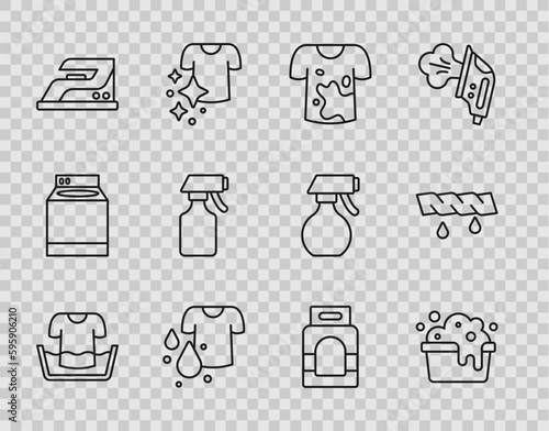 Set line Basin with shirt, soap suds, Dirty t-shirt, Electric iron, Water spray bottle, Laundry detergent and Squeeze clothes icon. Vector