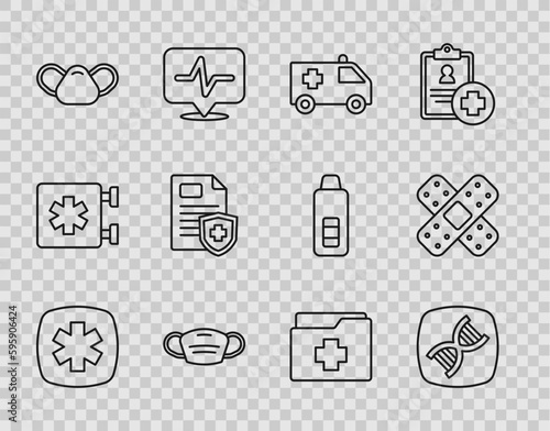 Set line Emergency - Star of Life, DNA symbol, Ambulance car, Medical protective mask, Patient record, and Crossed bandage plaster icon. Vector