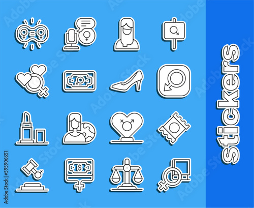 Set line Book about women, Condom in package, Male gender, Muslim woman hijab, Money growth, Female, Gender equality and Woman shoe icon. Vector