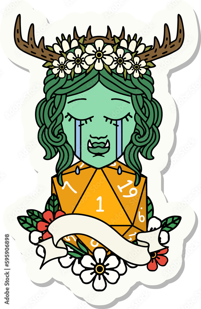 sticker of a crying orc barbarian character face with natural one D20 roll sticker of a crying orc barbarian character face with natural one D20 roll