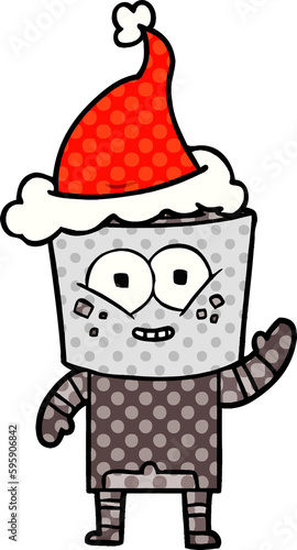 happy hand drawn comic book style illustration of a robot waving hello wearing santa hat