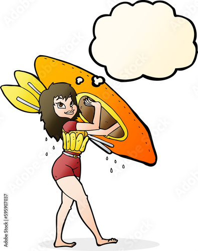 cartoon woman carrying canoe with thought bubble