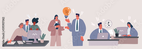 Vector illustration of Set of Businessmen and businesswomen characters together. Team office disscusion, idea, solvation issues, business process