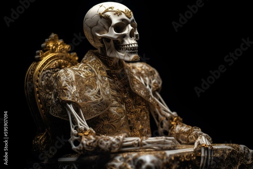 A horror statue of white marble and gold filigree on a black backdrop with skeleton and skull details. Generative AI