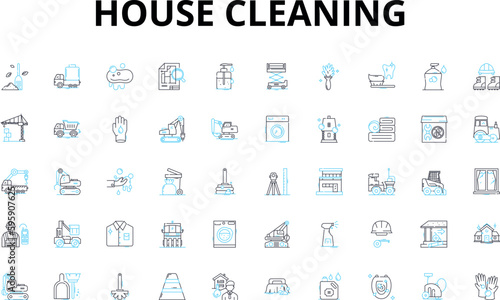 House cleaning linear icons set. Sweep, Mop, Vacuum, Dust, Scrub, Sanitize, Tidy vector symbols and line concept signs. Polish,Disinfect,Wipe illustration