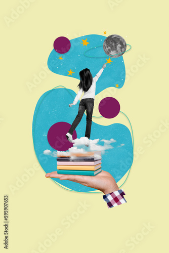 Creative image poster collage of little kid stand stack books like read scientific literature touch moon isolated on drawing 3d background