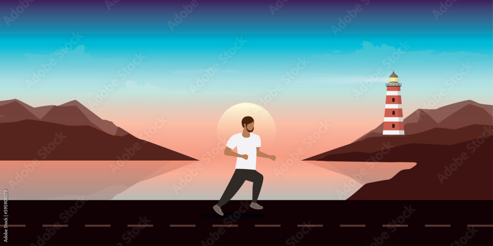jogging man on seascape outdoor sport summer holiday design