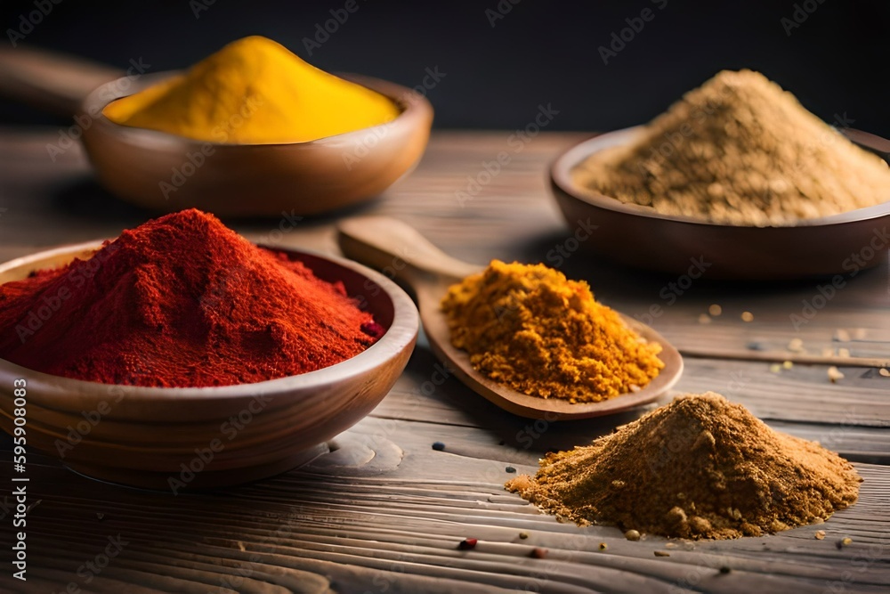 Spices on a wooden table generative ai Spices on a wooden table generative ai