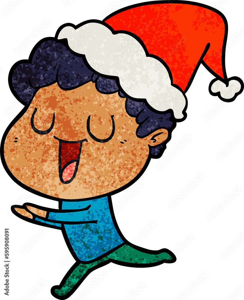 laughing hand drawn textured cartoon of a man running wearing santa hat