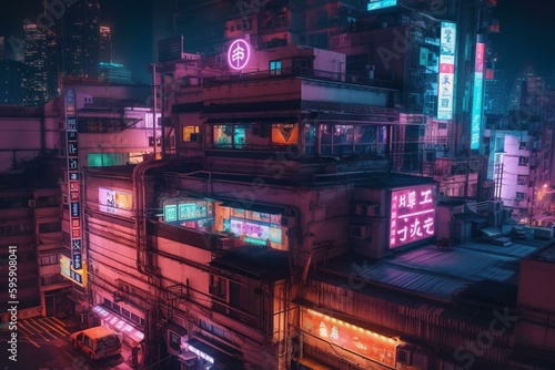 Night cyberpunk city with pink and yellow neon lights and innovative architecture. Generative AI