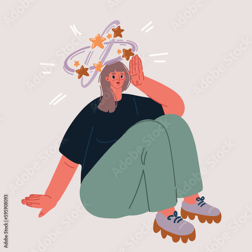 Vector illustration of Iron deficiency anemia. Sad woman with dizziness sitting on floor. Unhappy girl suffers from vertigo and headache and needs medical help. Low hemoglobin.