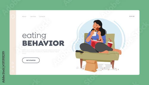 Eating Behavior Landing Page Template. Overweight Woman Is Consumed By Her Obsession With Eating, Vector Illustration