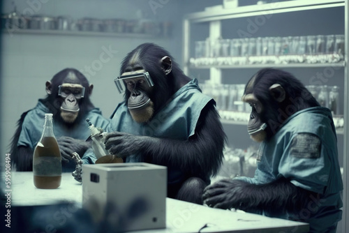 Photo Chimpanzees as scientists experiment created with Generative AI technology