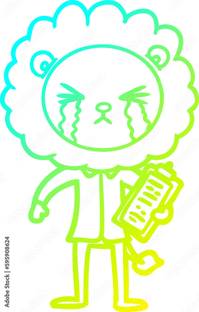 cold gradient line drawing of a cartoon crying lion with clipboard cold gradient line drawing of a cartoon crying lion with clipboard