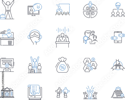 Worker progression line icons collection. Promotion, Advancement, Career growth, Upskilling, Augmentation, Professional development, Learning vector and linear illustration. Training,Skill-building