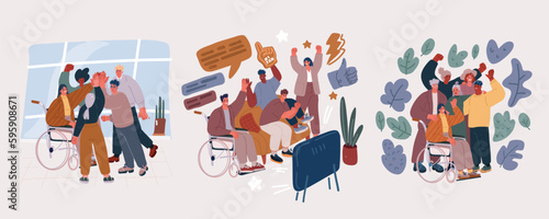 Vector illustration of Multiracial disabled people character. Positive men and women with special needs in wheelchair