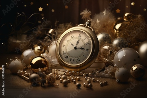 Golden Christmas and New Year template with round frame, shiny decorations, gift, champagne, and clock. Generative AI