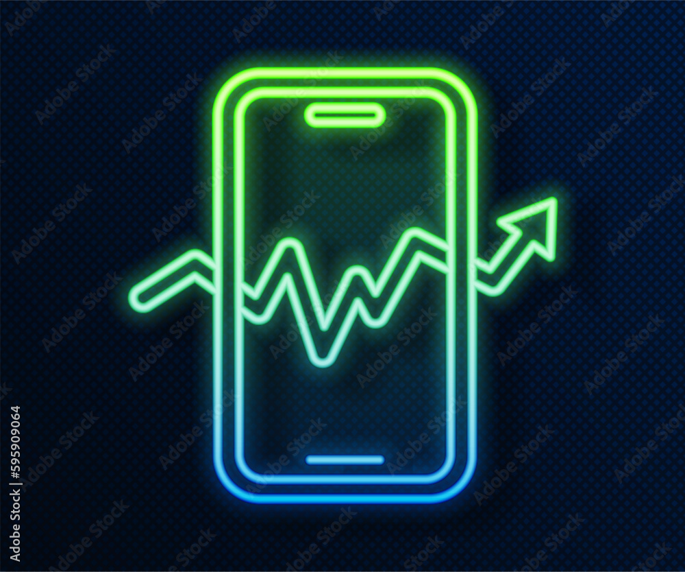 Glowing neon line Mobile stock trading concept icon isolated on blue background. Online trading, stock market analysis, business and investment. Vector Glowing neon line Mobile stock trading concept icon isolated on blue background. Online trading, stock market analysis, business and investment. Vector