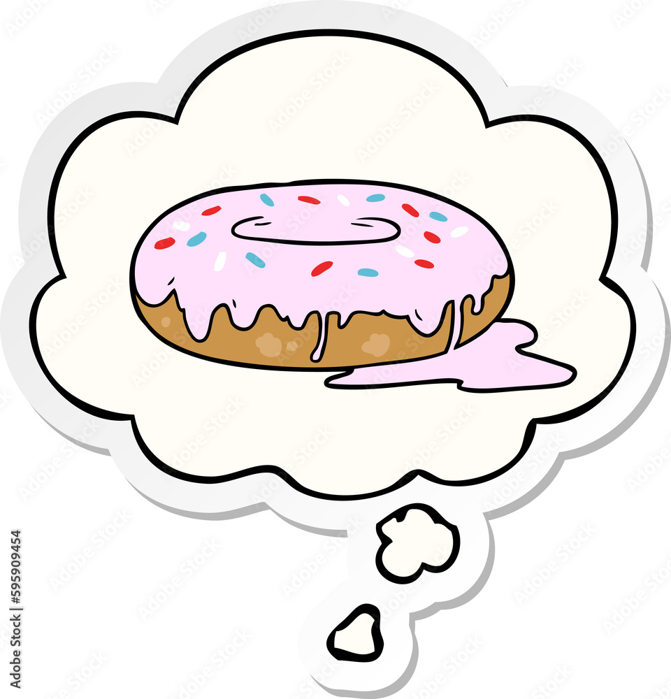 cartoon donut with thought bubble as a printed sticker cartoon donut with thought bubble as a printed sticker