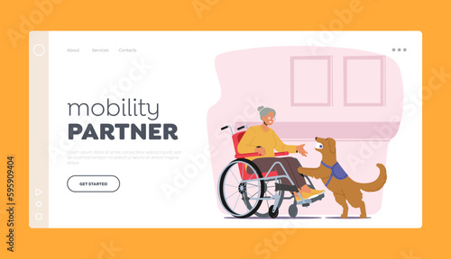 Mobility Partner Landing Page Template. Disabled Senior Woman Character On Wheelchair Is Accompanied By Her Guide Dog