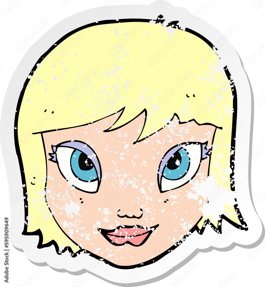 retro distressed sticker of a cartoon female face retro distressed sticker of a cartoon female face