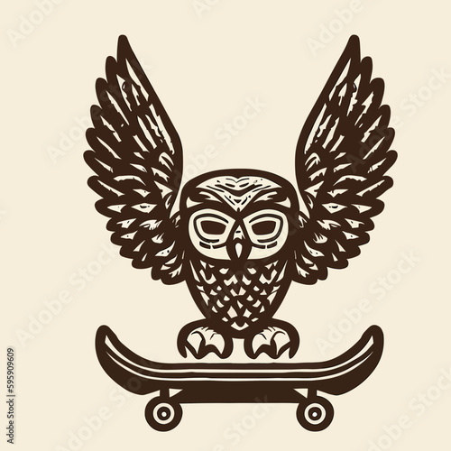 Skateboarding owl, logo, black and white, vector art