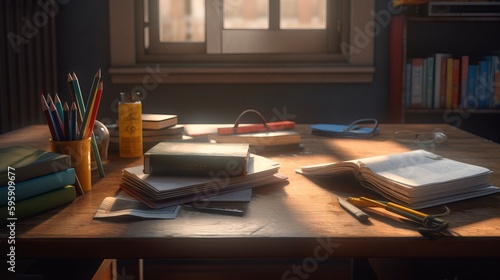 School books on desk photorealistic. AI generated © ArtStage