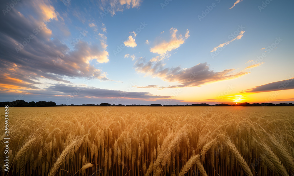 A beautiful sky landscape over a wheat field with a sunrise, created with the help of artificial intelligence.