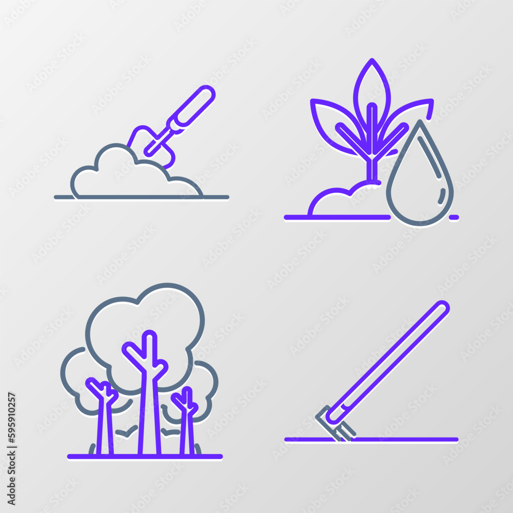 Set line Garden rake in work, Trees, Watering plant and trowel spade shovel the ground icon. Vector Set line Garden rake in work, Trees, Watering plant and trowel spade shovel the ground icon. Vector